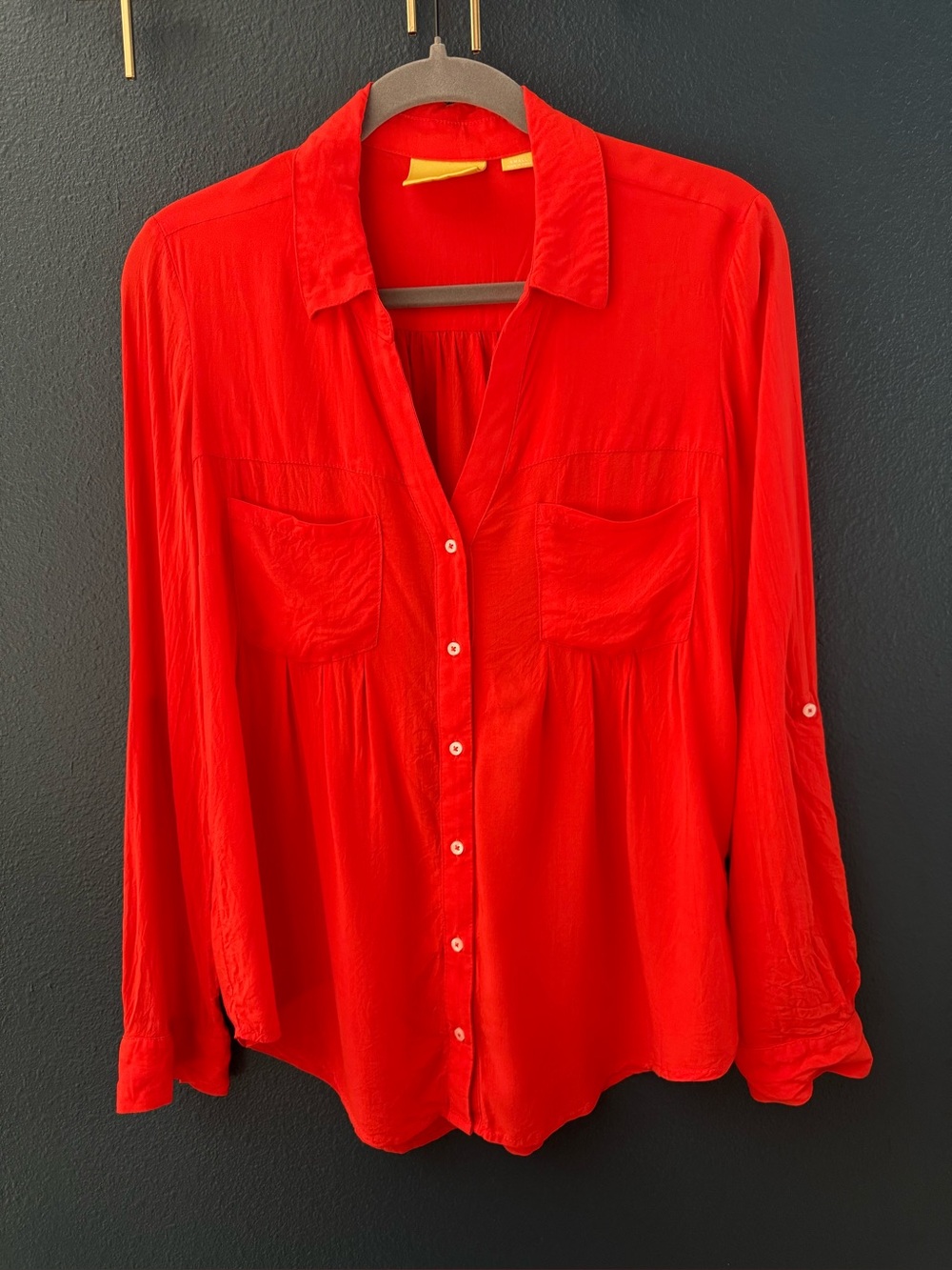Anthropologie Maeve Clara Blood Orange Button Down Roll Sleeve Top - Small